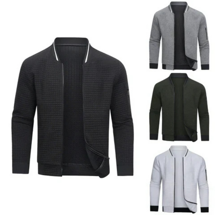 Close-up of men's textured grid knit cardigan. Full-zip front, soft fabric for comfortable and stylish everyday wear.