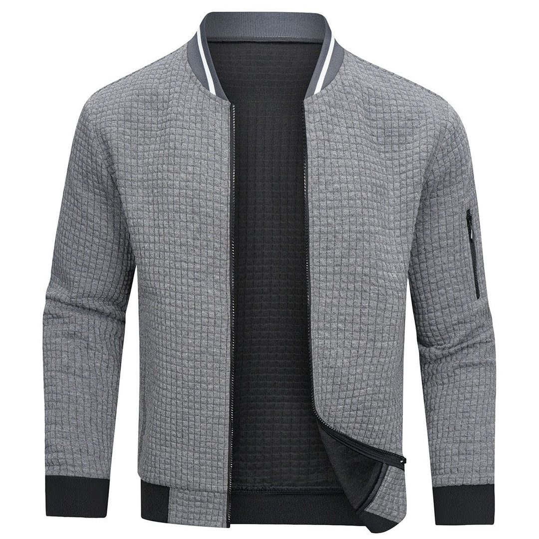Warm men's full-zip cardigan with textured grid pattern. Long-sleeve winter sweater for comfortable, everyday layering.