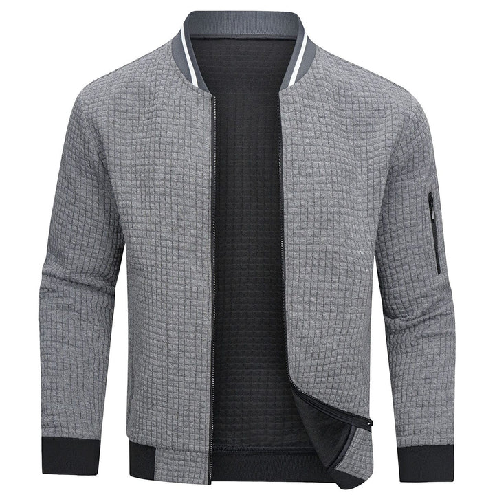 Warm men's full-zip cardigan with textured grid pattern. Long-sleeve winter sweater for comfortable, everyday layering.