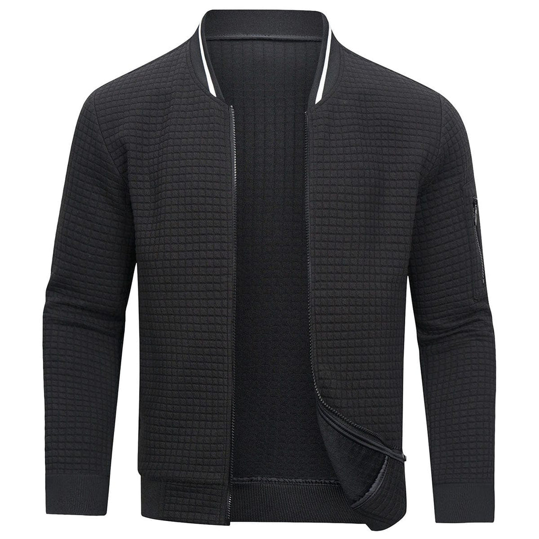 Detailed view of the grid pattern on a men's full-zip textured knit cardigan, showcasing its unique style and quality.