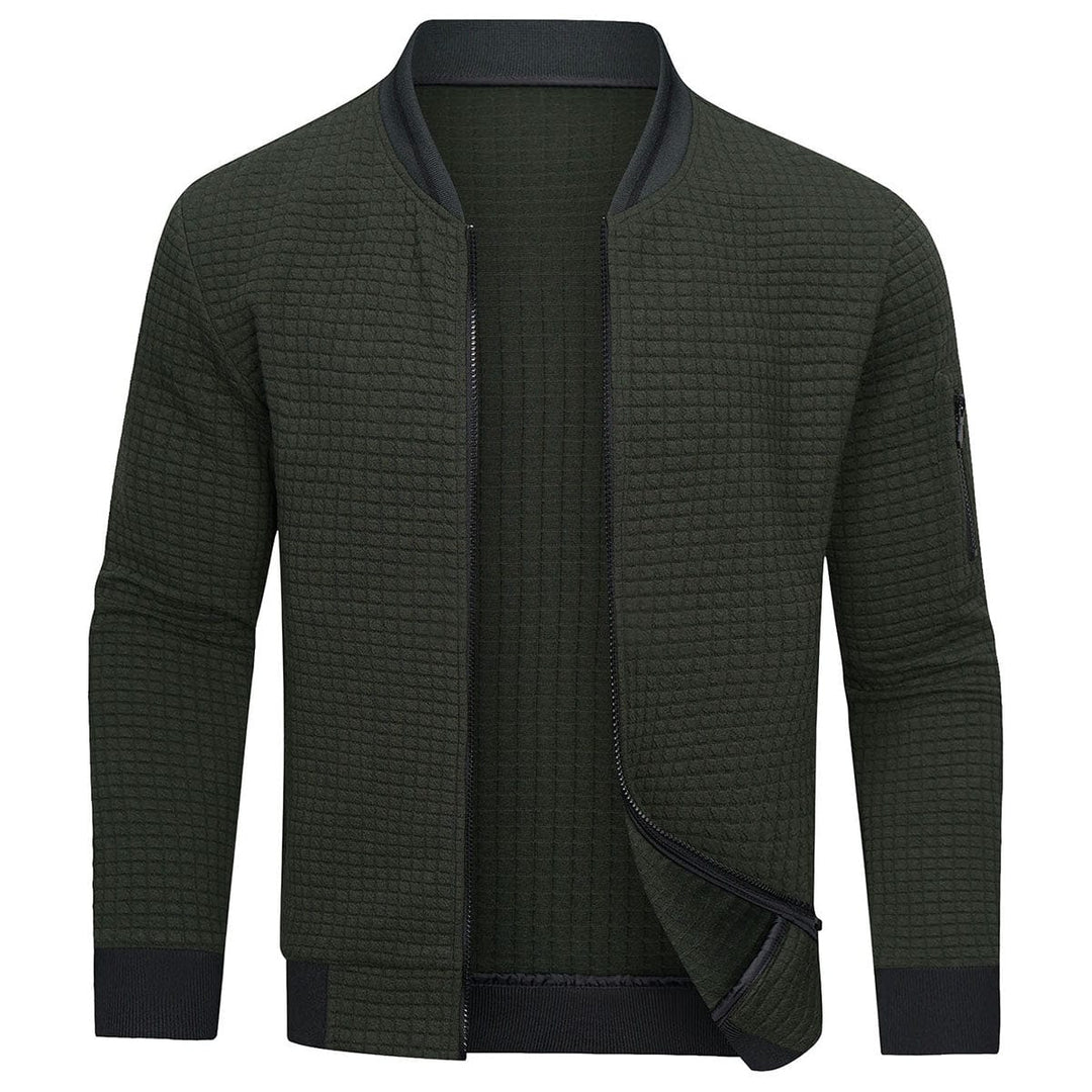 Mitchell men's full-zip textured grid cardigan. Stylish and comfortable long-sleeve knit sweater, ideal for versatile layering.