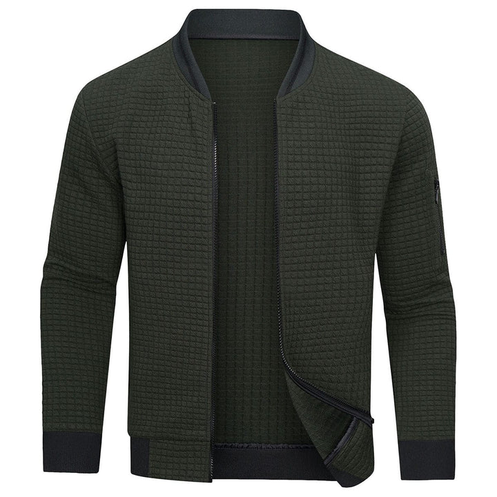 Mitchell men's full-zip textured grid cardigan. Stylish and comfortable long-sleeve knit sweater, ideal for versatile layering.