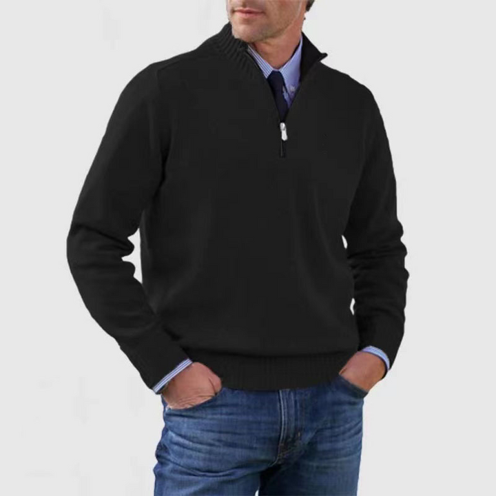 Stylish men's half-zip mock neck sweater, ideal smart casual wear for fall and winter fashion.