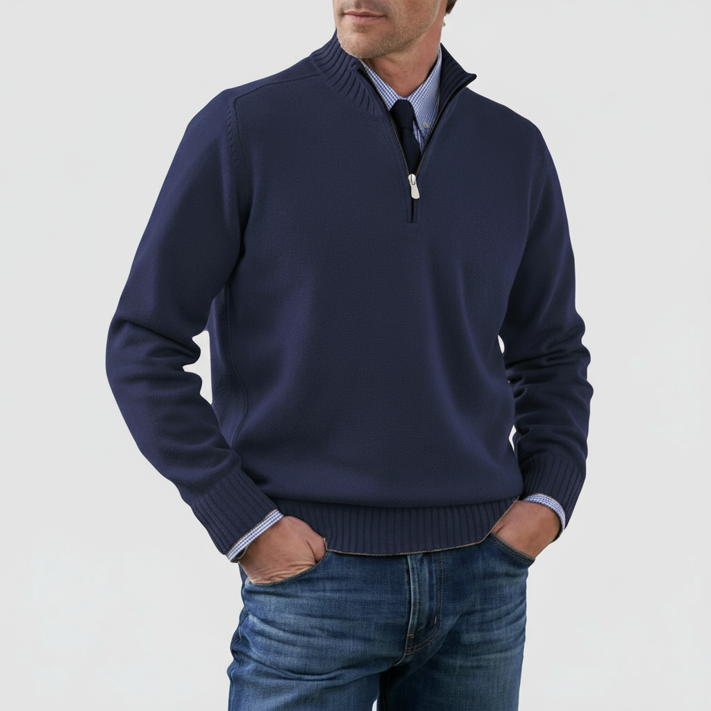 Versatile men's mock neck half-zip sweater; a key layering piece for casual or smart-casual outfits.