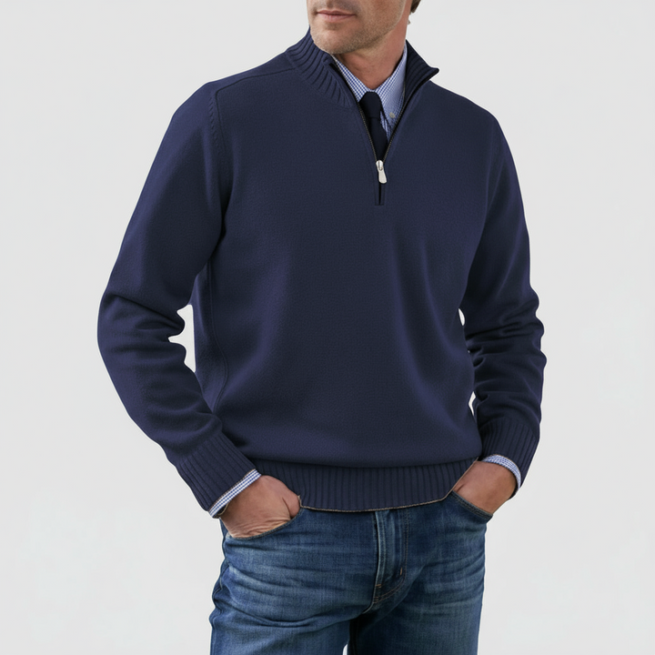 Versatile men's mock neck half-zip sweater; a key layering piece for casual or smart-casual outfits.