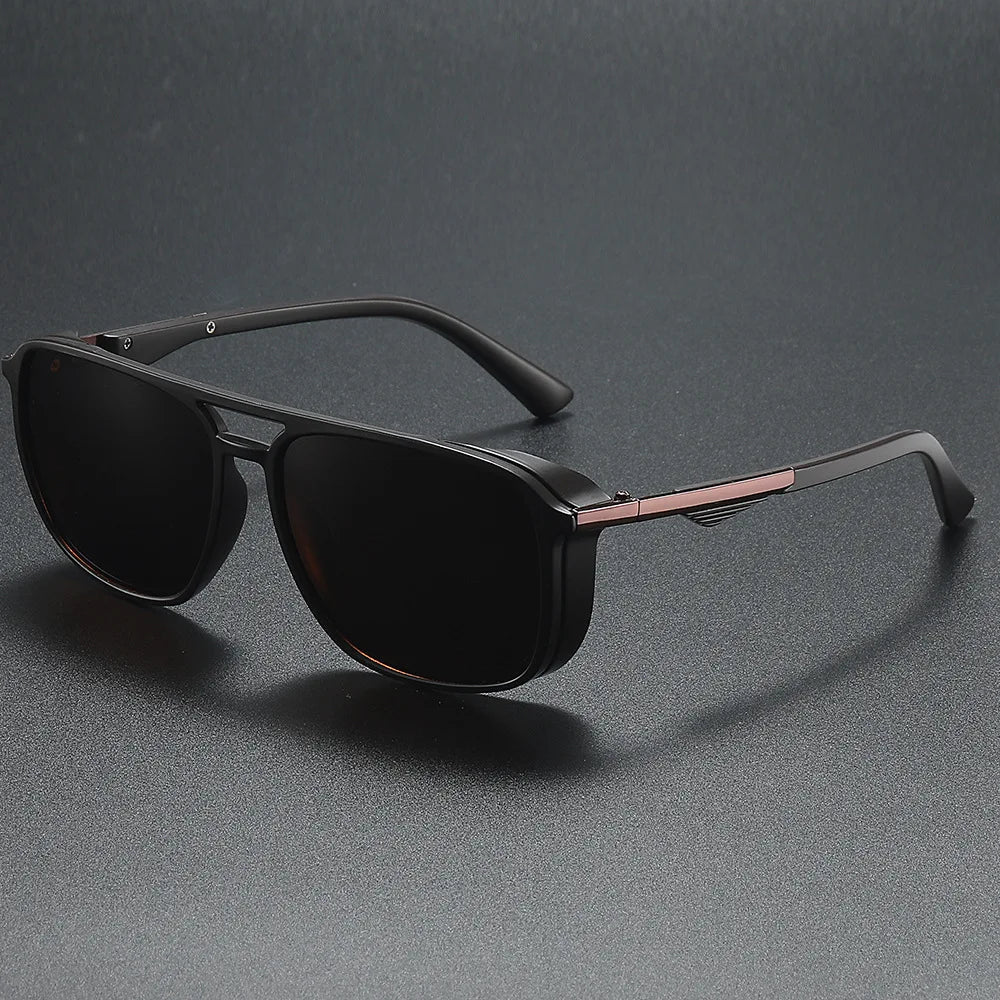 Men's modern aviator sunglasses with UV400 protection and brown lenses, stylish metal frame eyewear.