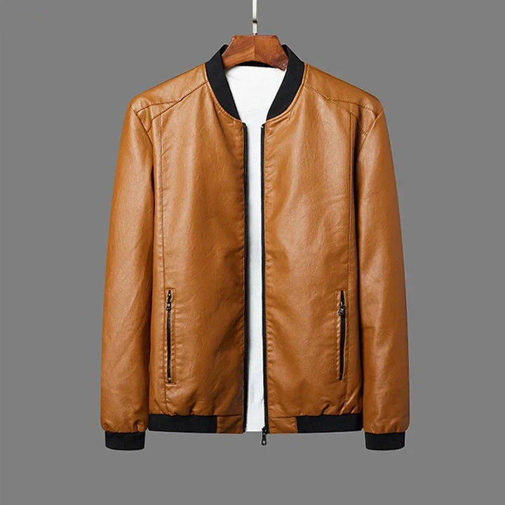 Men's modern black leather bomber jacket with front zipper, ideal for stylish streetwear.