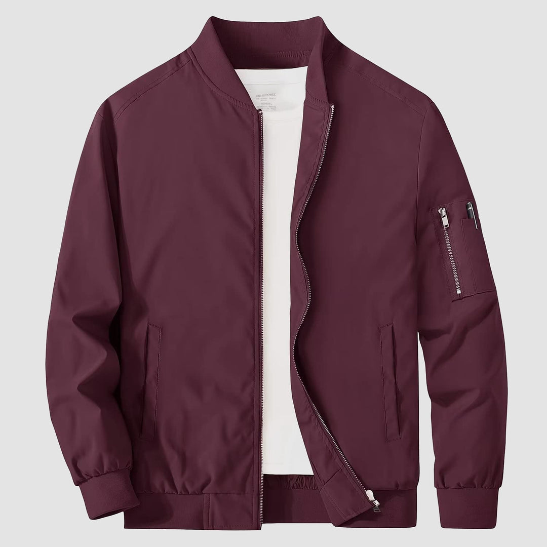 Zip-front men's bomber jacket, durable polyester fabric, practical outerwear for all seasons