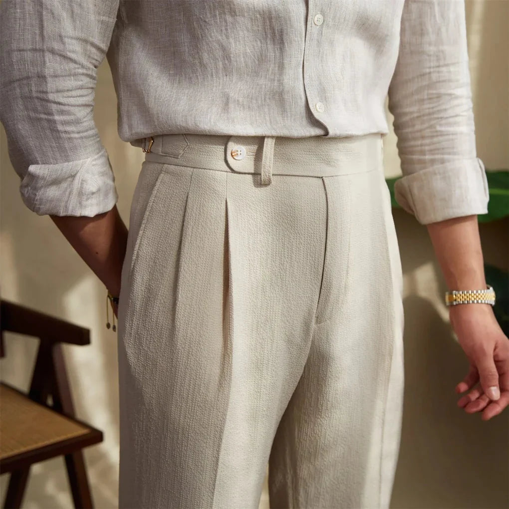 Straight leg men's dress pants, offering a sleek, modern look for formal wear and professional fashion.