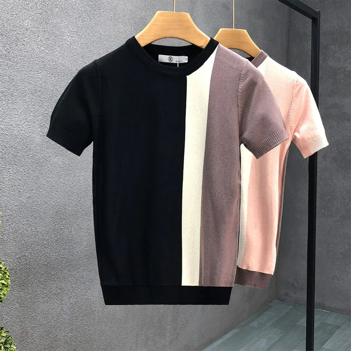 Casual men's long sleeve color block crewneck sweater. Modern fit pullover, ideal for fall & winter fashion.