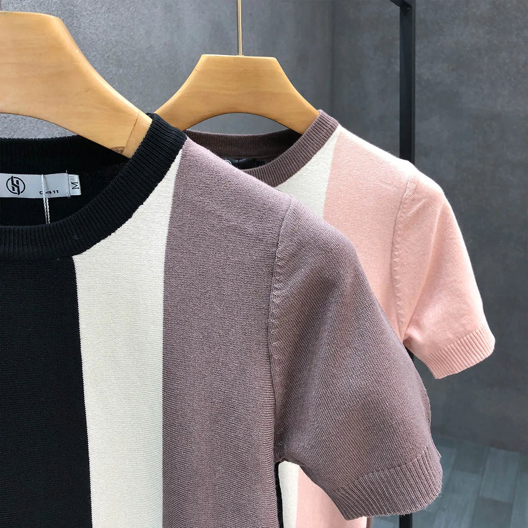 Modern men's color block crewneck sweater. Stylish long sleeve pullover, great for casual fall and winter outfits.
