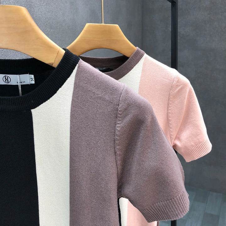 Modern men's color block crewneck sweater. Stylish long sleeve pullover, great for casual fall and winter outfits.