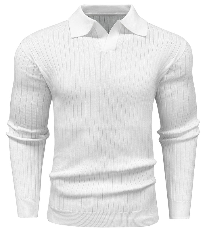 Polyester knit long sleeve polo for men, emphasizing comfort and contemporary style