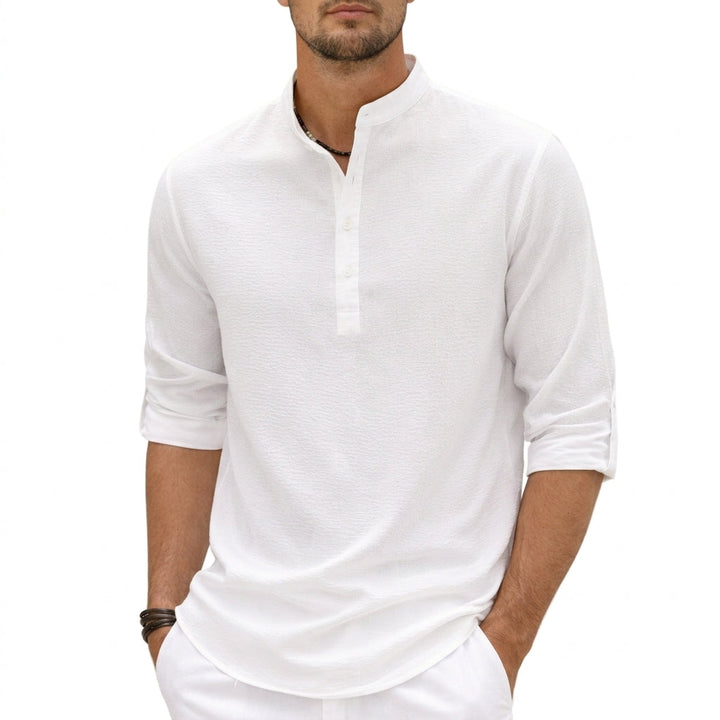 Men's modern grandad collar casual shirt in a relaxed fit. Perfect for summer fashion and everyday wear.