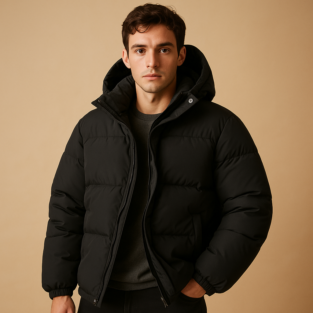 Men's modern hooded puffer jacket for winter. Warm, stylish, and lightweight outerwear for cold weather comfort.