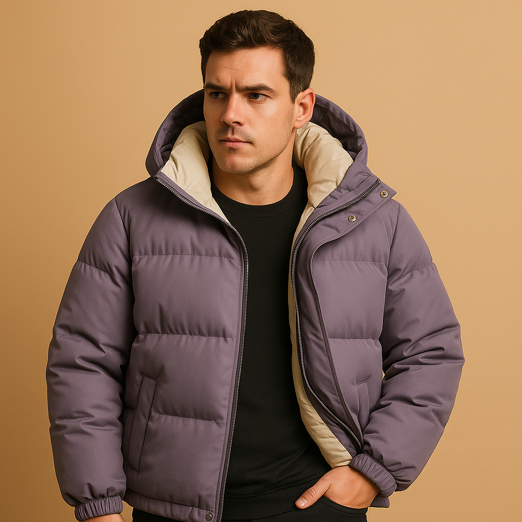 Warm men's modern puffer jacket with a hood, ideal for cold weather. A stylish and comfortable winter coat.