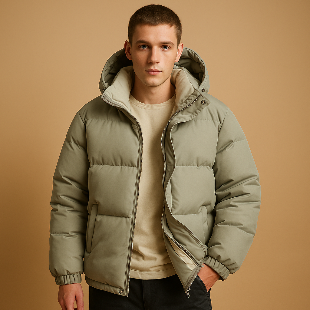 Comfortable men's hooded puffer jacket. Modern, warm, and versatile winter outerwear for everyday style.