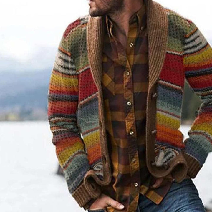 Yellow striped open-front men's cardigan. Modern relaxed fit knitwear, versatile outerwear for casual style.