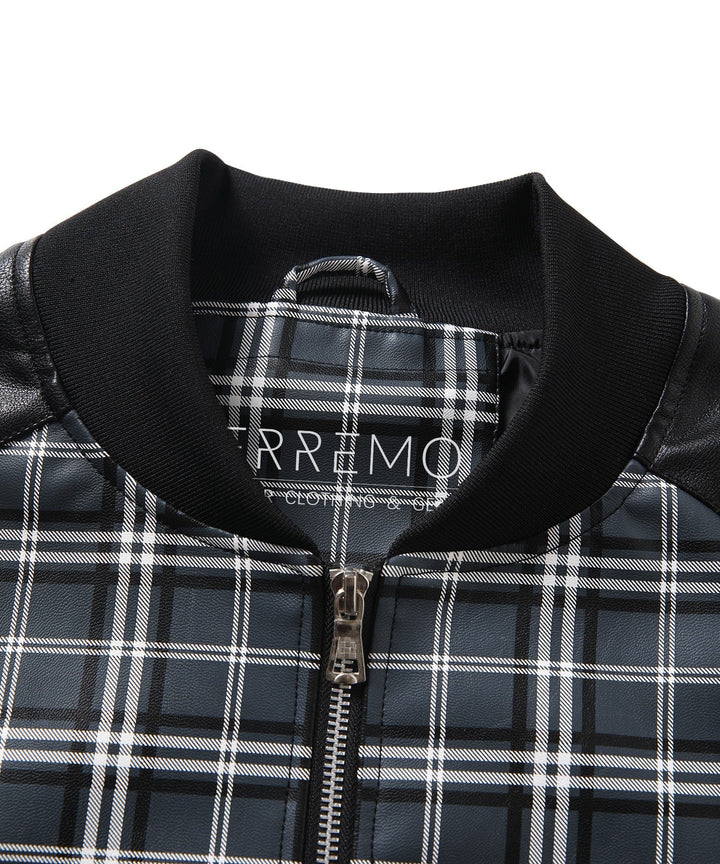 Detail of collar and zipper on Men's Modern Faux Leather Plaid Gridlock Jacket