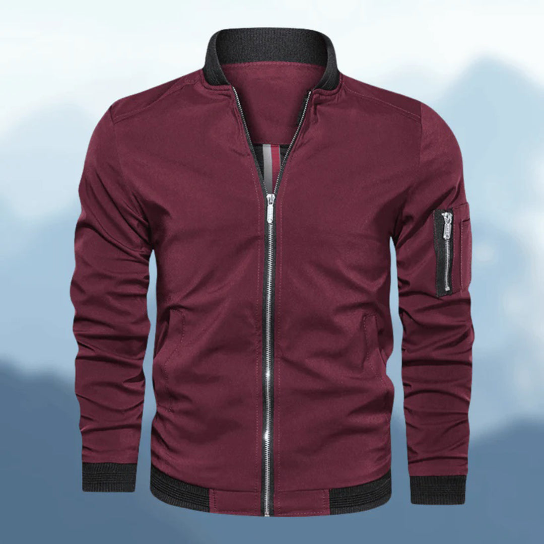 Fashionable men's slim fit bomber jacket, navy blue, versatile and comfortable, back view
