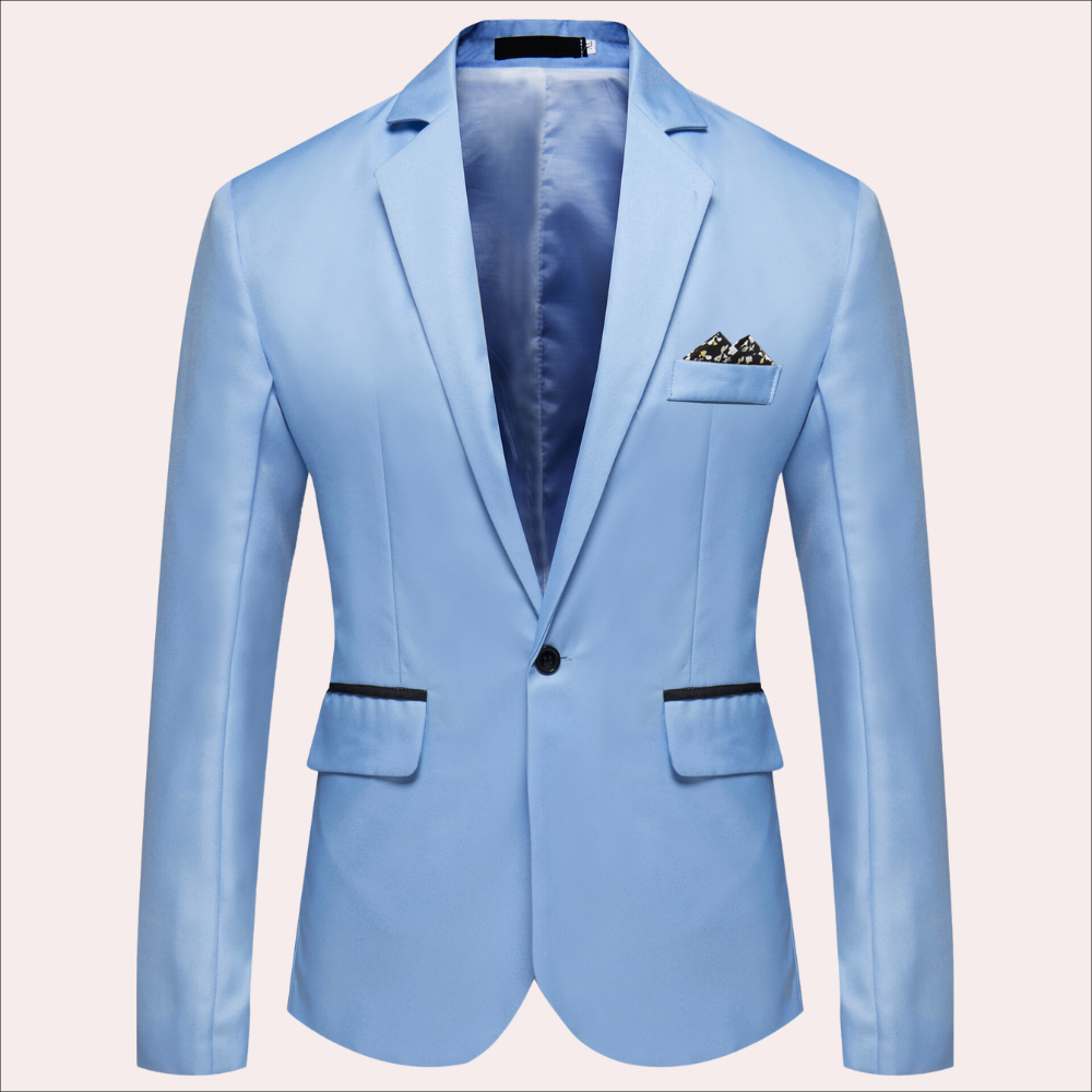 Close-up of a modern men's slim fit blazer showing fabric detail, suitable for business and events