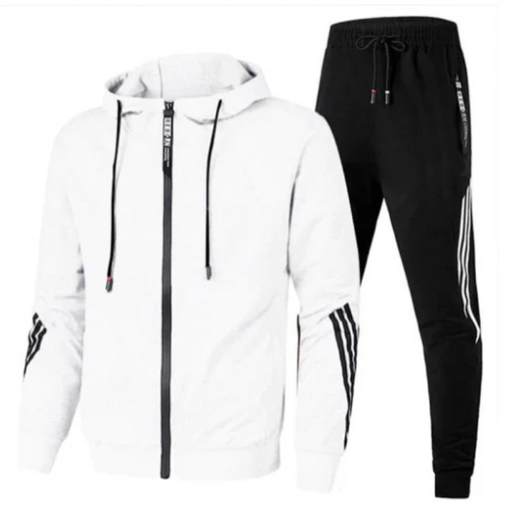 Grey men's casual streetwear jogger set with matching hoodie, ideal for everyday fashion.