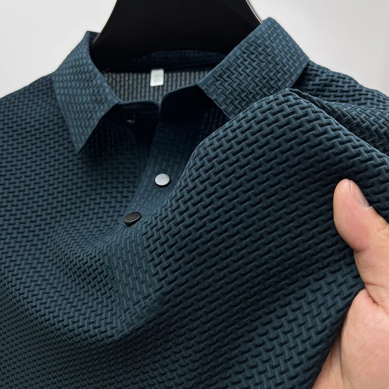 Men's modern textured basketweave polo shirt. Stylish short sleeve top for summer casual and business casual wear.