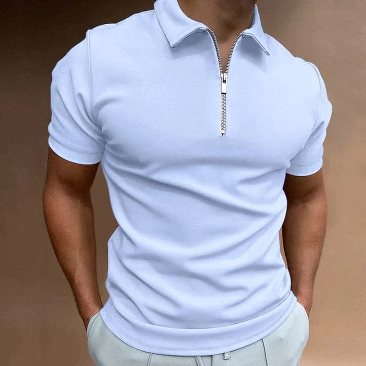 Men's modern zip polo shirt, slim fit for style & comfort. Short sleeve, perfect for casual wear & golf.