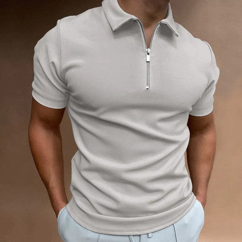 Versatile men's slim fit zip polo, short sleeve. Ideal for casual outings, golf, or modern fashion.