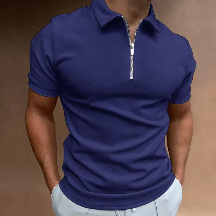 Stylish men's fitted zip polo shirt, short sleeve for summer comfort. Modern casual wear & golf top.