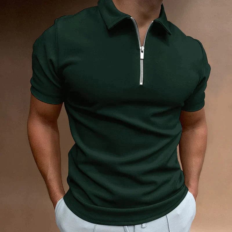 Men's fashion slim fit zip polo shirt. Versatile short sleeve top for modern casual style & comfort.