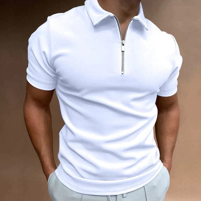 Men's Modern Zip Polo Shirt, slim fit. Short sleeve design, ideal for golf, casual & summer fashion.