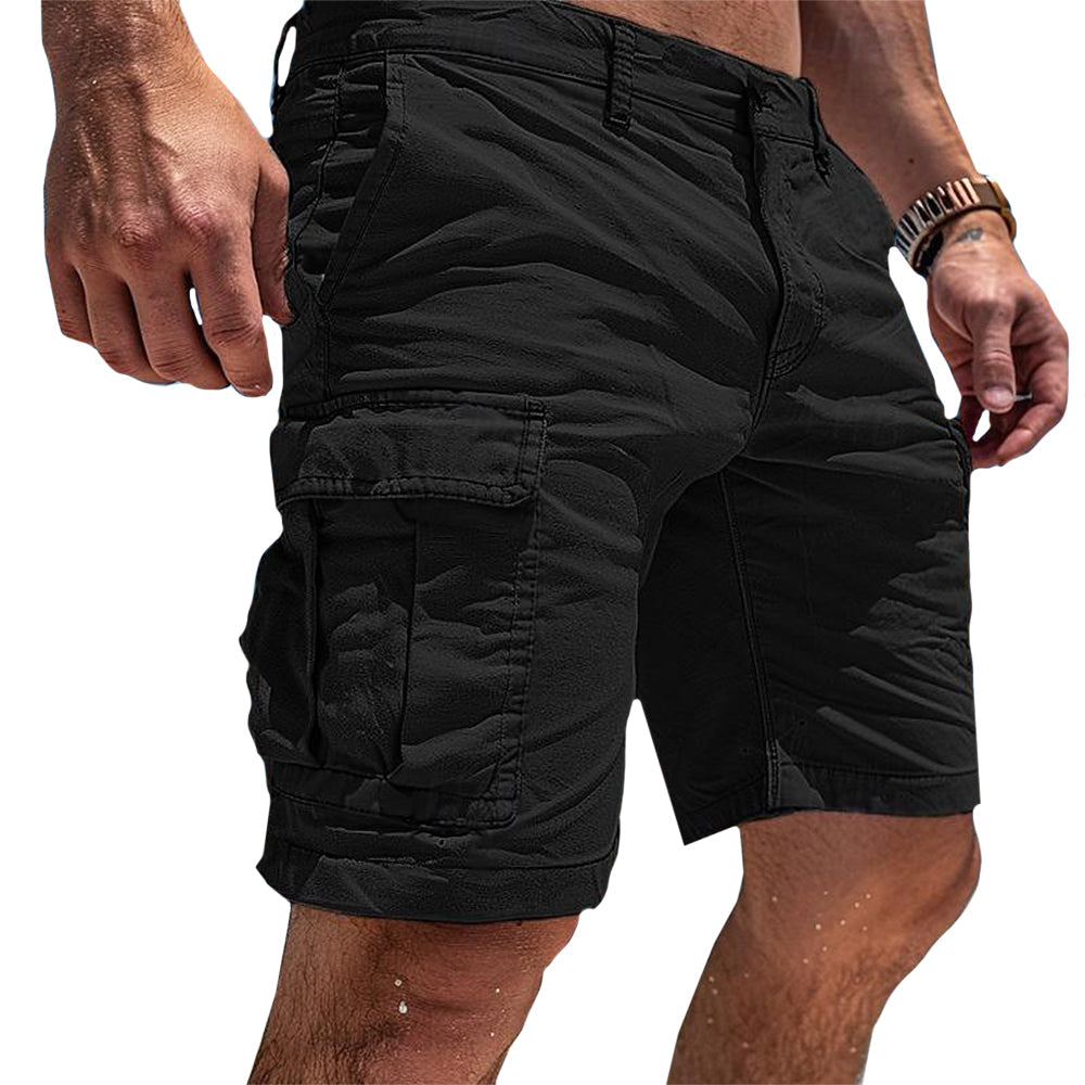 Rugged men's multi-pocket cargo shorts, ideal for hiking & outdoor activities, offering practical storage.
