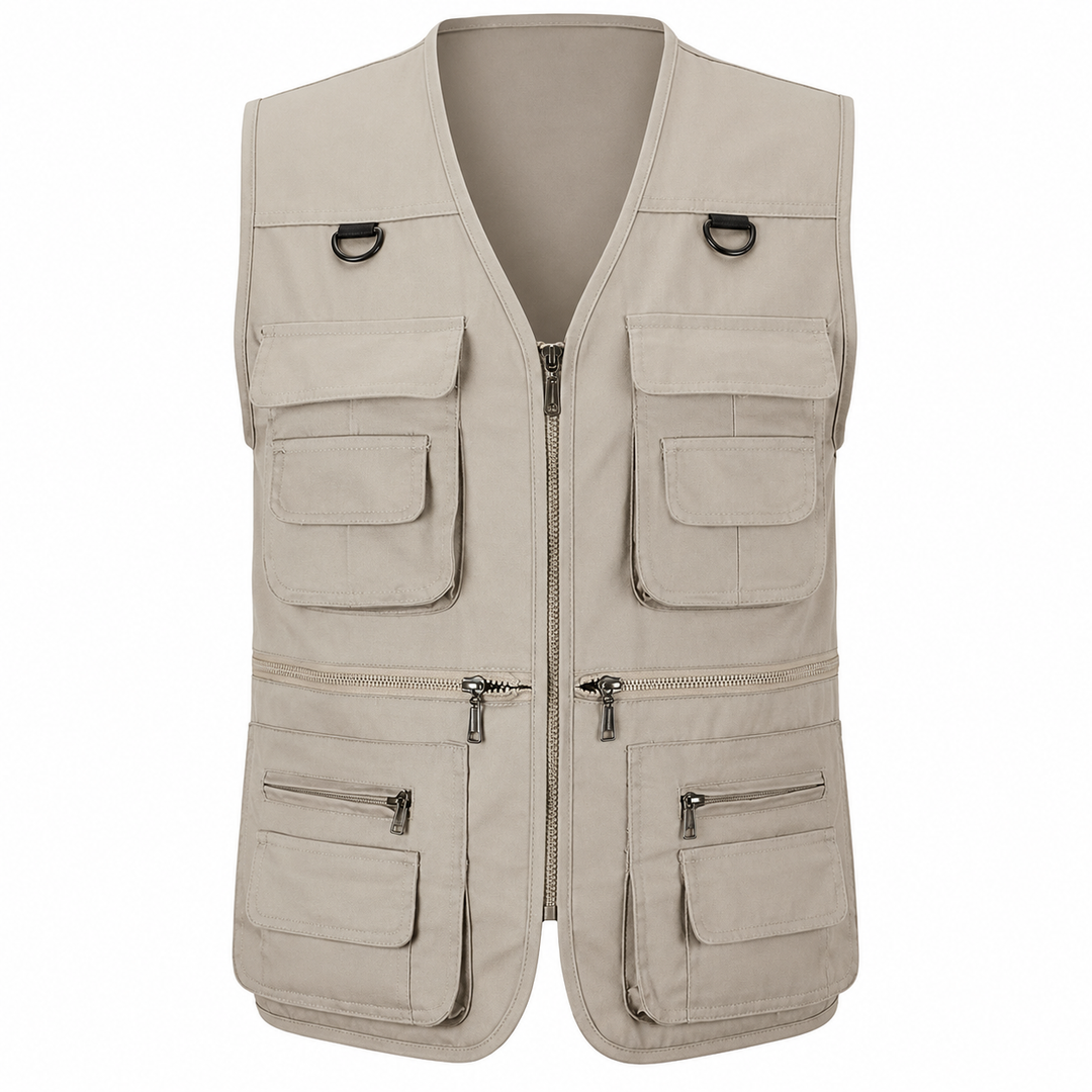 Men's multi-pocket hiking vest in khaki for outdoor gear organization & adventure.