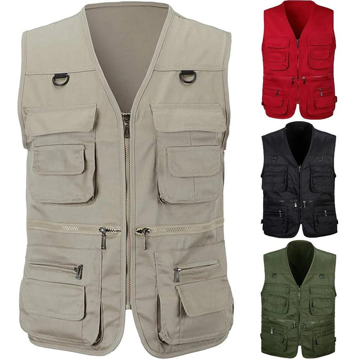 Breathable army green men's utility vest with multiple pockets, ideal for hiking, fishing & travel.