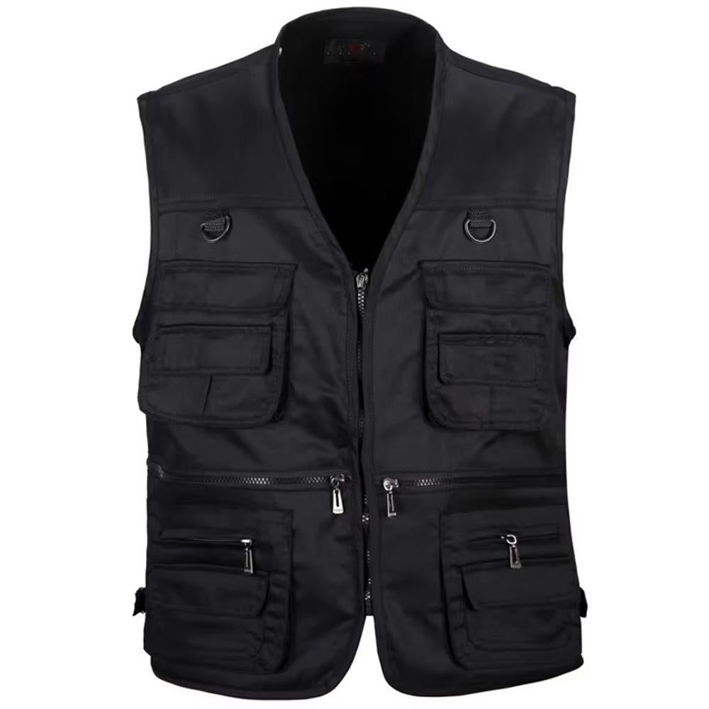 Men's outdoor multi-pocket organizer vest in black, khaki, or army green for hiking & camping.