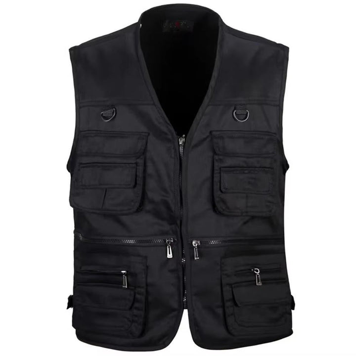 Men's outdoor multi-pocket organizer vest in black, khaki, or army green for hiking & camping.