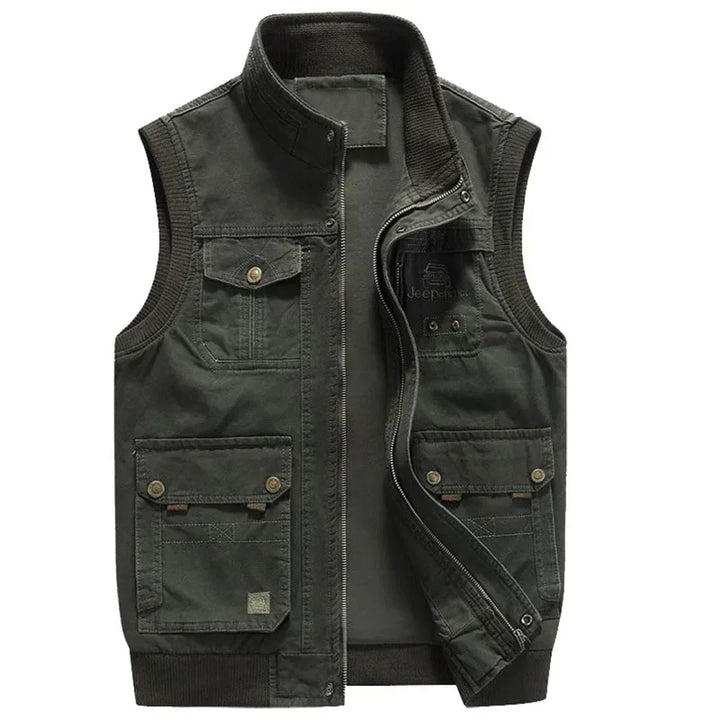 Khaki men's multi-pocket hiking vest. Rugged utility vest, ideal for fishing, travel, and outdoor adventures.