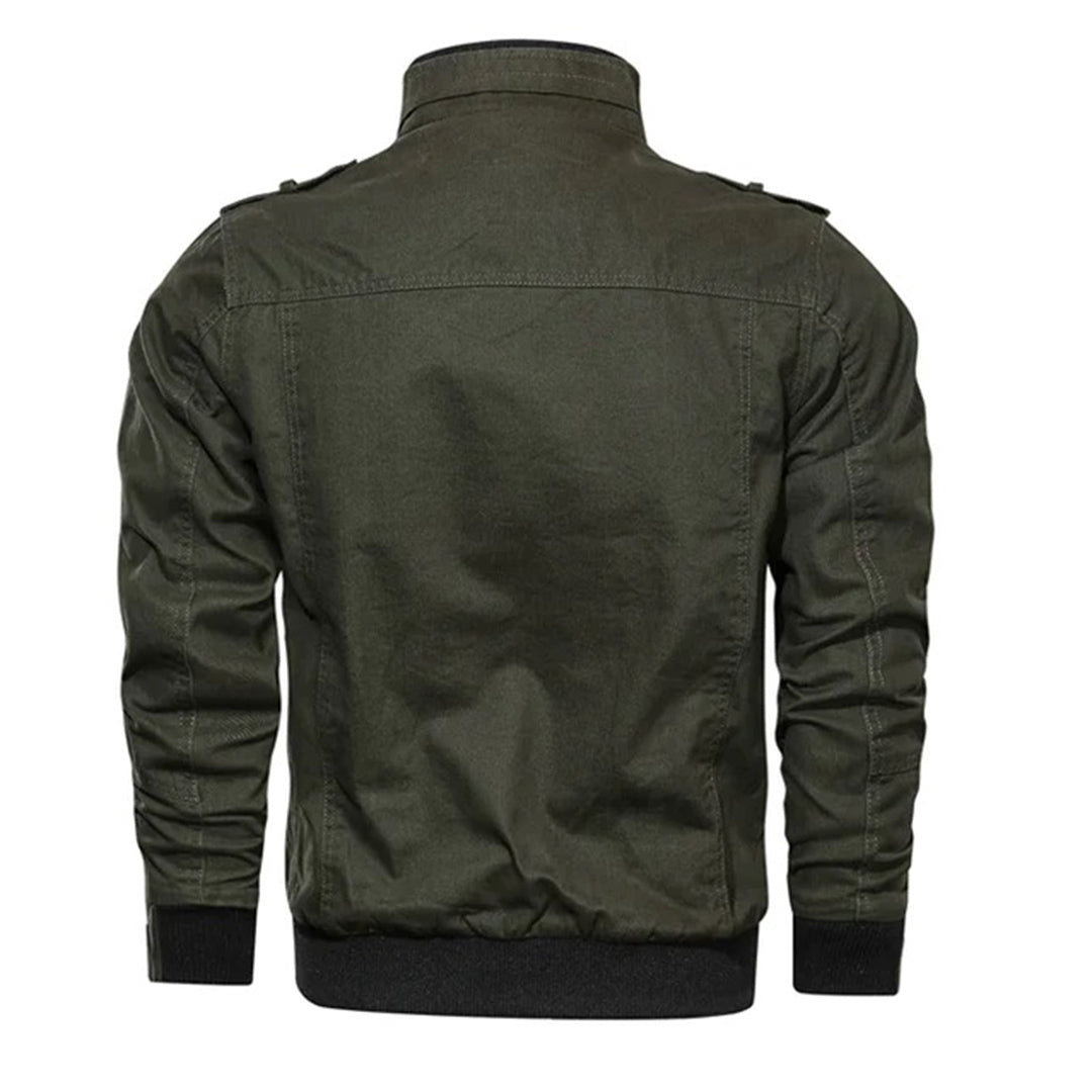 Stylish men's utility bomber jacket with multiple pockets, perfect for travel or outerwear