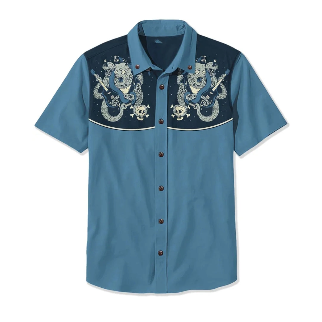 Vintage style button-up western shirt for men, unique embroidery, casual.