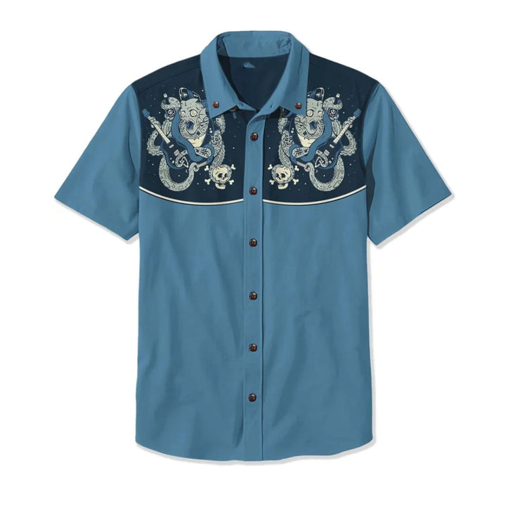 Vintage style button-up western shirt for men, unique embroidery, casual.