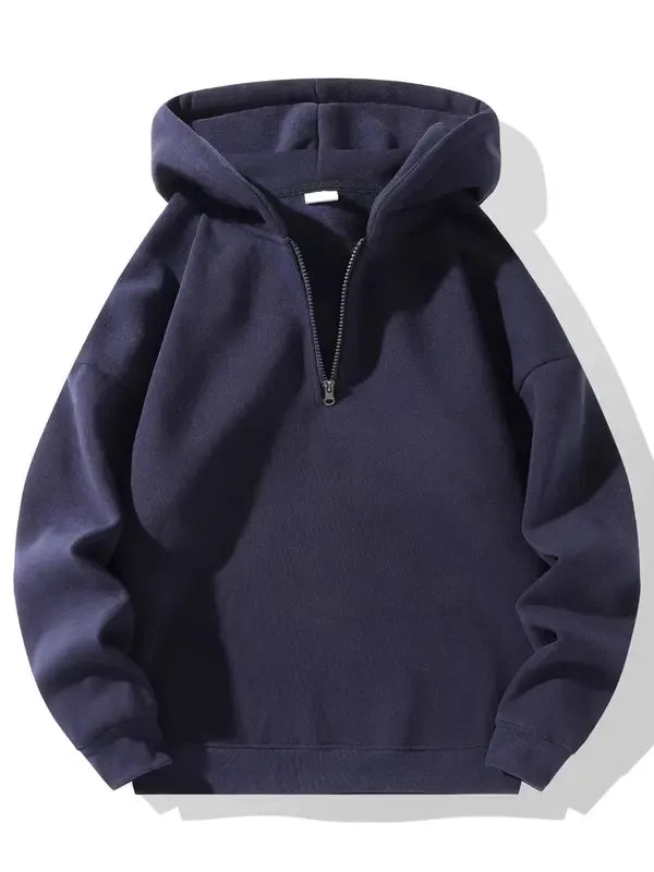 Men's navy blue cotton blend half-zip hoodie, perfect for casual or athletic wear, comfortable pullover style.
