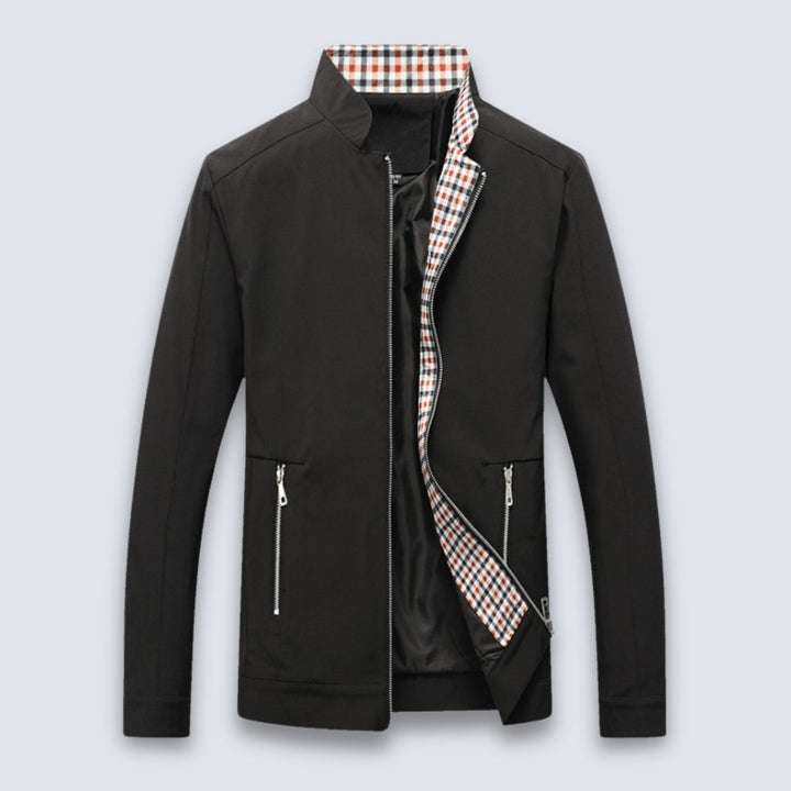 Stylish men's cotton plaid jacket in black and navy, perfect for spring outerwear.
