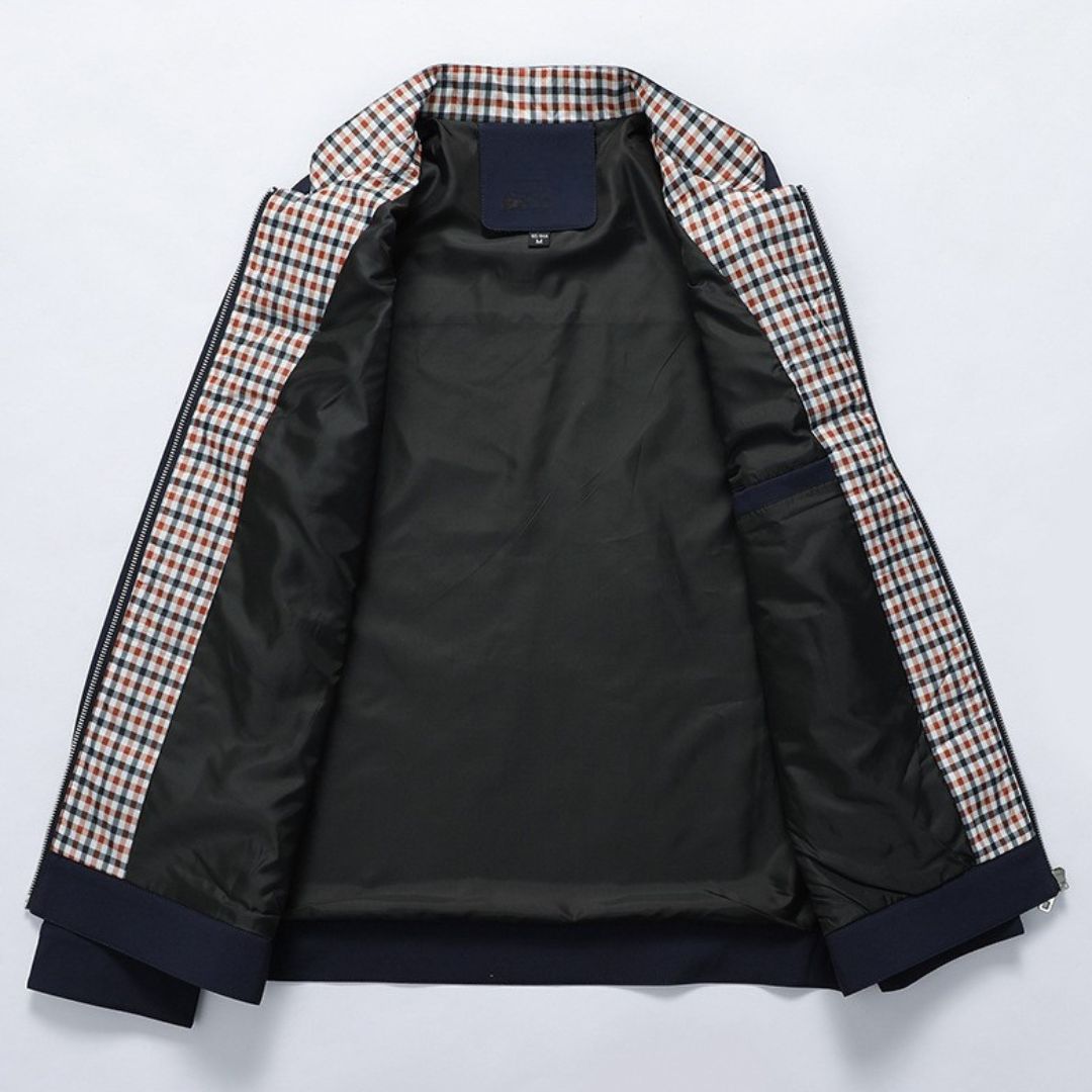 Professional men's plaid spring jacket with zip closure, ideal for business casual.