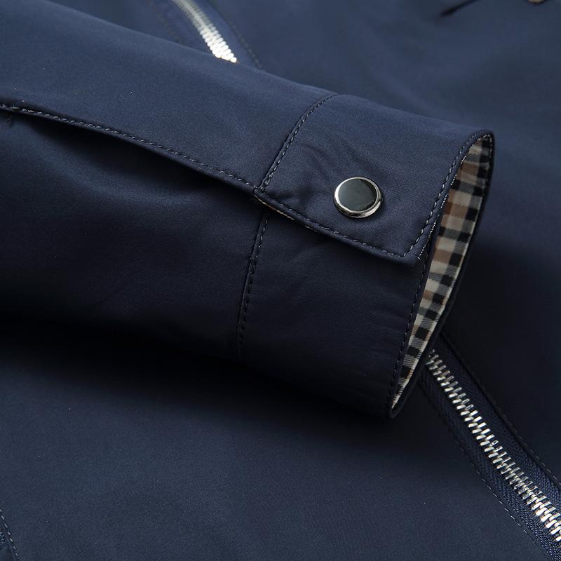 Close-up of a men's professional spring plaid jacket, showcasing the quality fabric.
