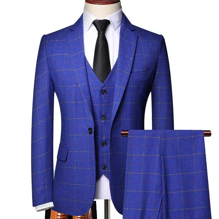 Men's navy windowpane plaid 3-piece suit set, perfect for spring weddings or business formal wear.