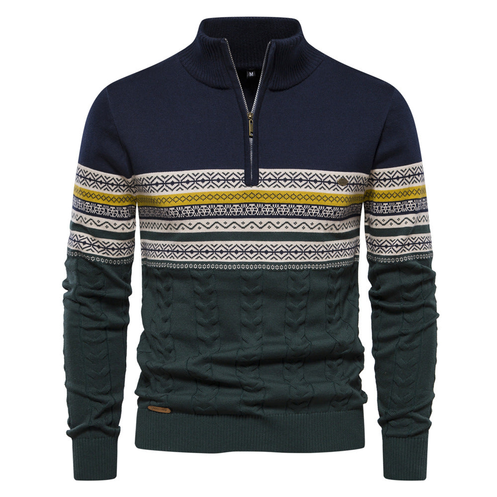 Stylish display of a men's Nordic knit half-zip sweater, cotton blend, long sleeve