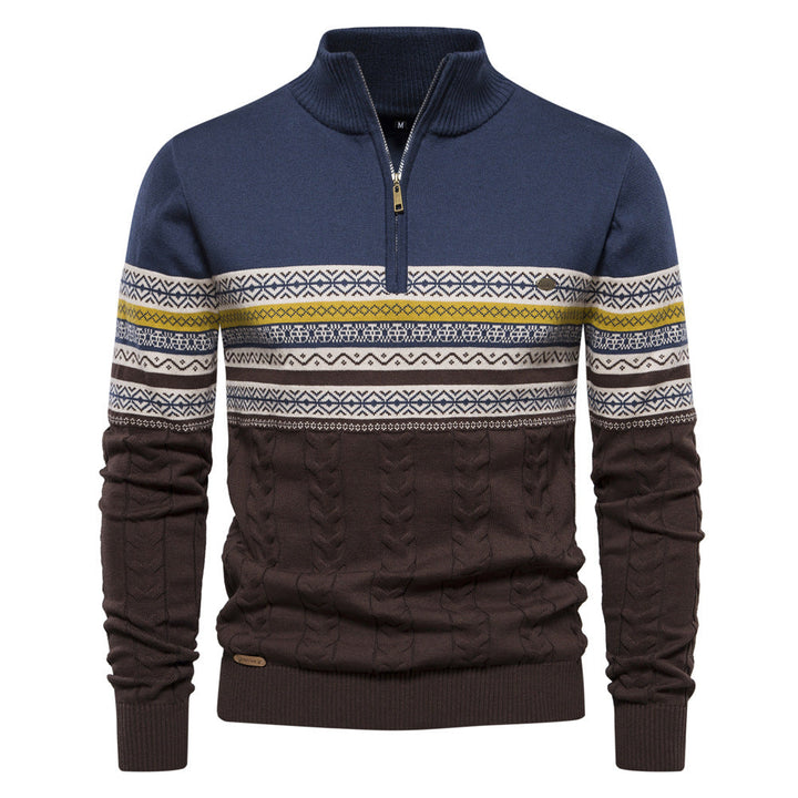 Close-up of the fabric and knit on a men's Nordic half-zip cotton blend sweater