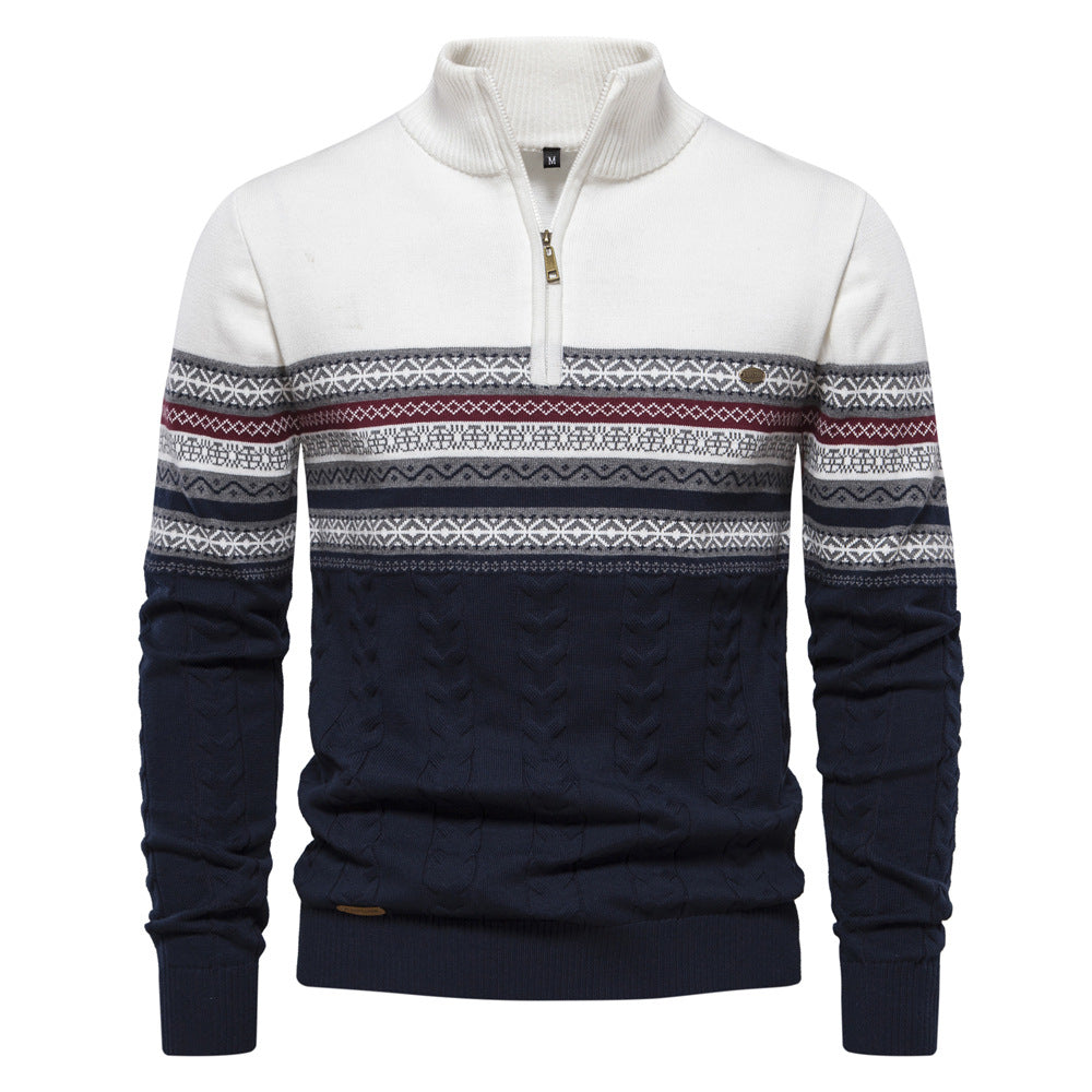 Close-up of the half-zip collar on a men's classic Nordic pullover sweater