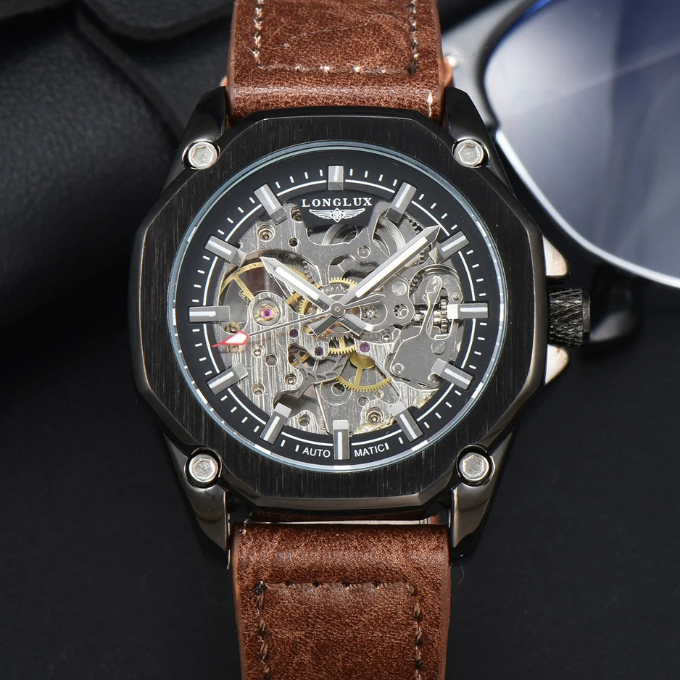 Top-down view of a men's octagonal mechanical watch with a genuine brown cowhide leather strap.